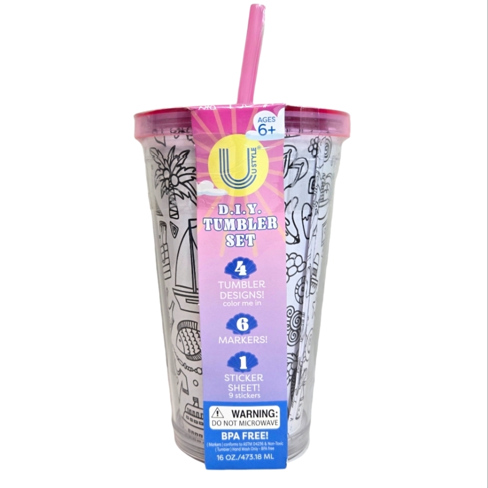 NEW Pink & Clear Children's DIY Coloring Tumbler Traveling Cup – 16 oz